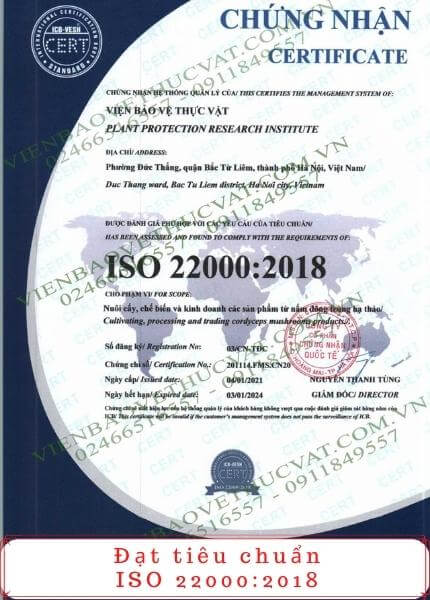 Phòng nuôi cấy đông trùng hạ thảo viện bảo vệ thực vật đạt chứng nhận ISO 22000-2018